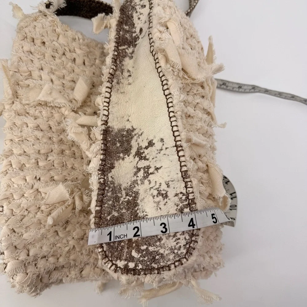 Handmade Boho Crochet Crossbody Bag Leather Trim‎ Satin Lined Neutral Rustic - Picture 11 of 15